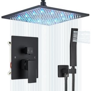12 Inches Ceiling Mount Shower Faucets Sets Complete Shower System LED Rainfall Shower Head System Rough-in Valve Body and Trim Included Matte Black…