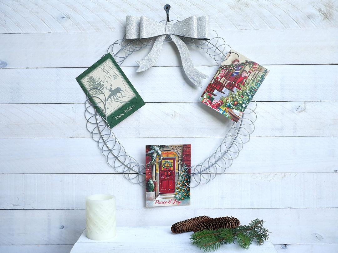 Kritkin 2 Pcs Christmas Photo Holder Display 17" Metal Wreath Xmas Card Holder Display Wall Hanging Decoration with Bow Wire Loop for Greeting Card Picture Insert Holiday Wall Decor(Silver)