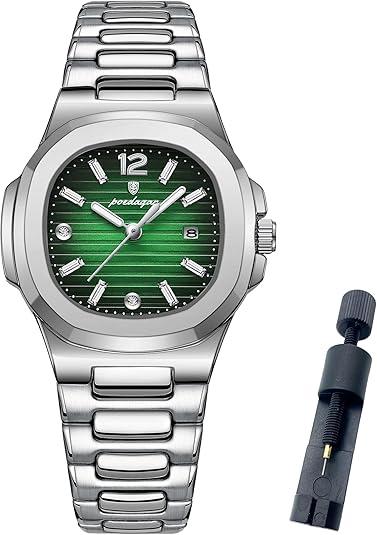 Watch for Women Business Dress Analog Quartz Two Tone Stainless Steel Waterproof Luminous Date Luxury Casual Wrist Watch (Silver-Green)