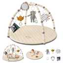 Blissful Diary Baby Play Gym Mat, Tummy Time Activity Mat with 6 Detachable Toys for Stage-Based Sensory & Motor Skill Development, Easy to Install & Clean, Baby Essentials Gift, Sandy Beige