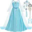 Elsa Dress for Girls Toddler Snow Princess Costume Blue with Wig Halloween Birthday Party Dress Up Outfits (5-6Y)