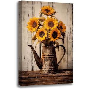 Vintage Sunflower Wall Art Farmhouse Rustic Yellow Sunflower Painting Wooden Background Print Poster Framed Country Style Flower Picture for Bathroom Kitchen Decor, 24"L x 16"W