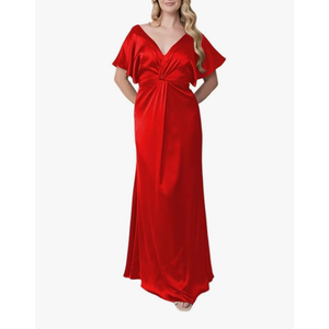 Women's Satin Floor Lenght Mother of The Bride Dress for Wedding Short Sleeves Elegant A Line Formal Evening Dress Medium