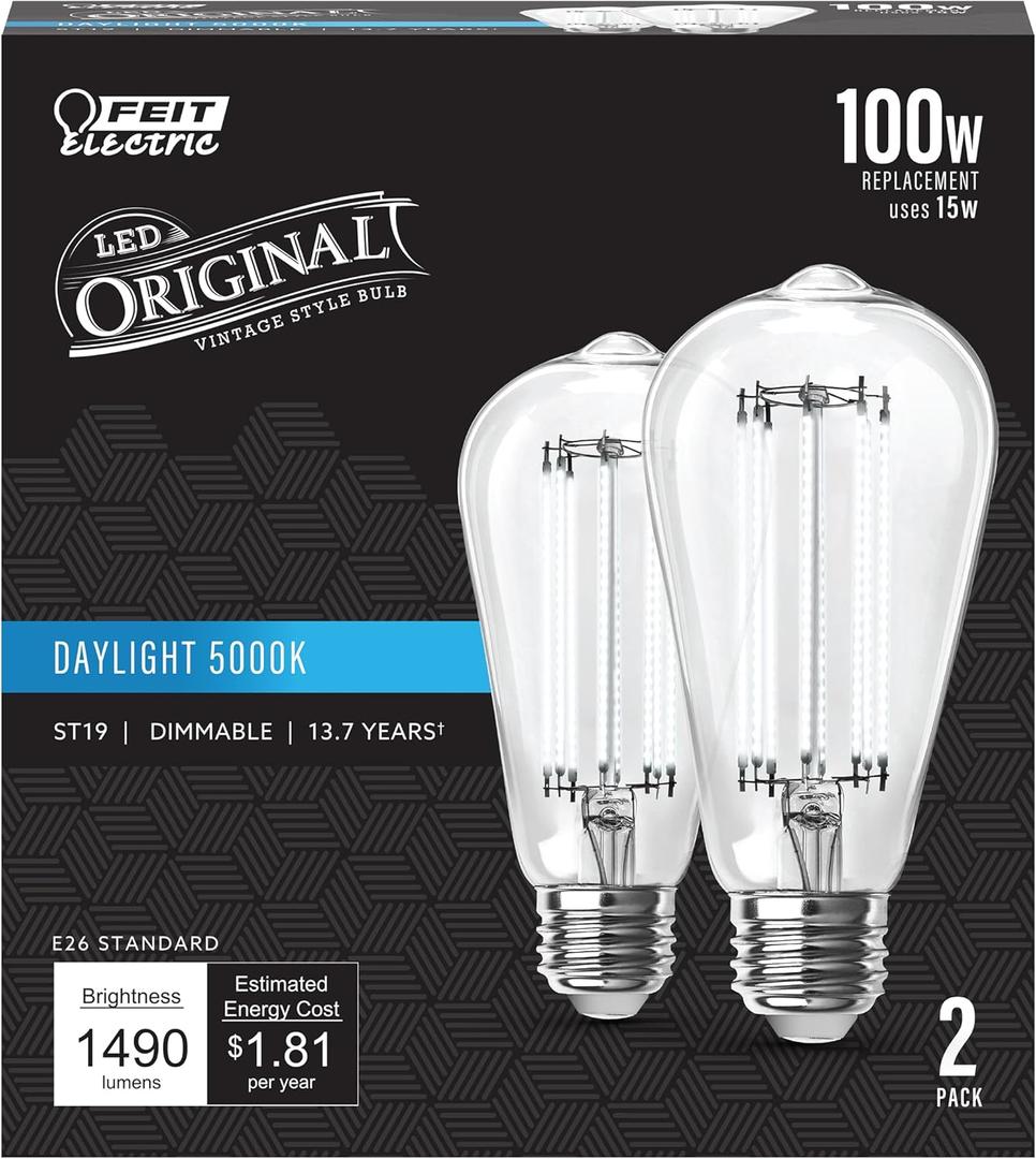 Feit Electric ST19 Vintage Edison LED Light Bulb, 100W Equivalent, Dimmable, 5000K Daylight, 1490 Lumens, E26 Base, Retro Filament Light Bulbs, 15,000-Hour Lifetime, ST19100CL/950CA/2, 2 Pack