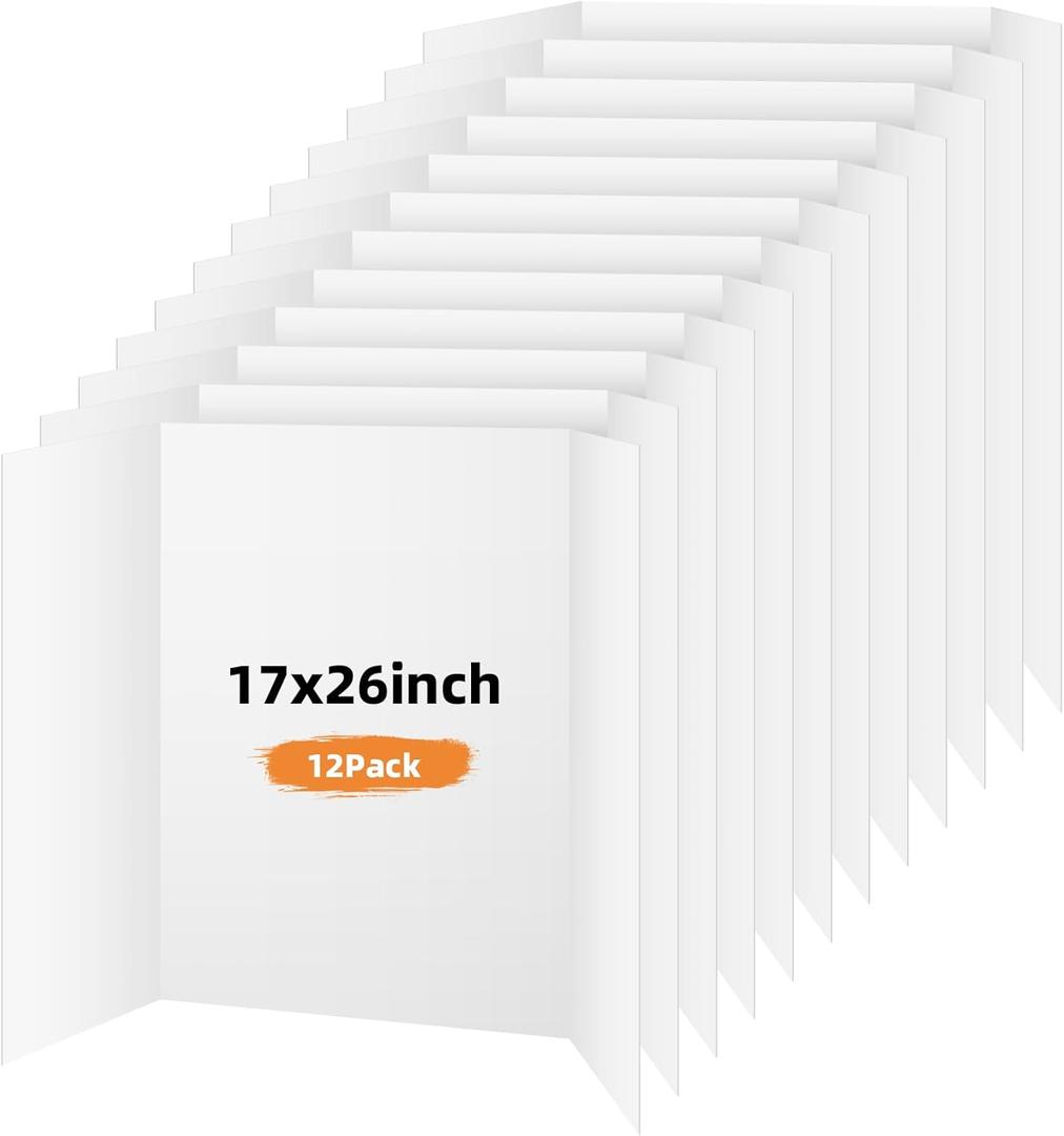 12 Pack Trifold Poster Board, 17x26 Inches White Presentation Board, Portable Display Board for Science Fair, School DIY Project and Business Exhibitions