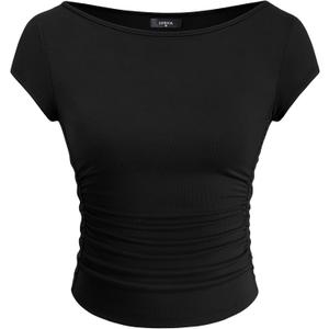 ZESICA Women's Summer Boat Neck Short Sleeve T Shirts 2026 Spring Slim Fit Y2k Going Out Crop Tops Basic Trendy Outfits (Black, S)