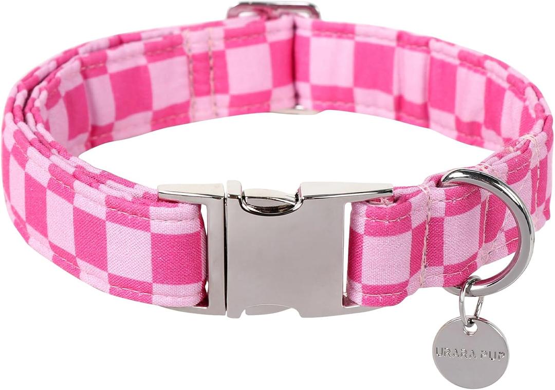 Dog Collar for Summer,Cute Pink Plaid Dog Collar,Cotton Puppy Collar with Adjustable Metal Buckle for Small,Medium,Large Girl Boy Dog (Medium)