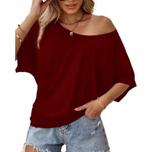 Hilinker Womens Short Batwing Sleeve T Shirt Oversized Casual Tee Burgundy, Medium