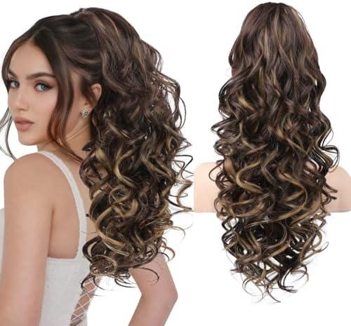 REECHO Ponytail Extension, 24" Claw Clip in Ponytail Extensions Long Curly Wavy Jaw Clip on Pony Tails Hairpiece for Women, Dark Brown with Highlights