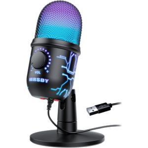 Gaming Microphone, USB Computer Microphone for PC, Mac, PS4/5, Condenser Podcast Mic for Studio Recording, YouTube, Streaming, with Headphone Jack, Led Light, Mute, Gain, Noise Cancellation