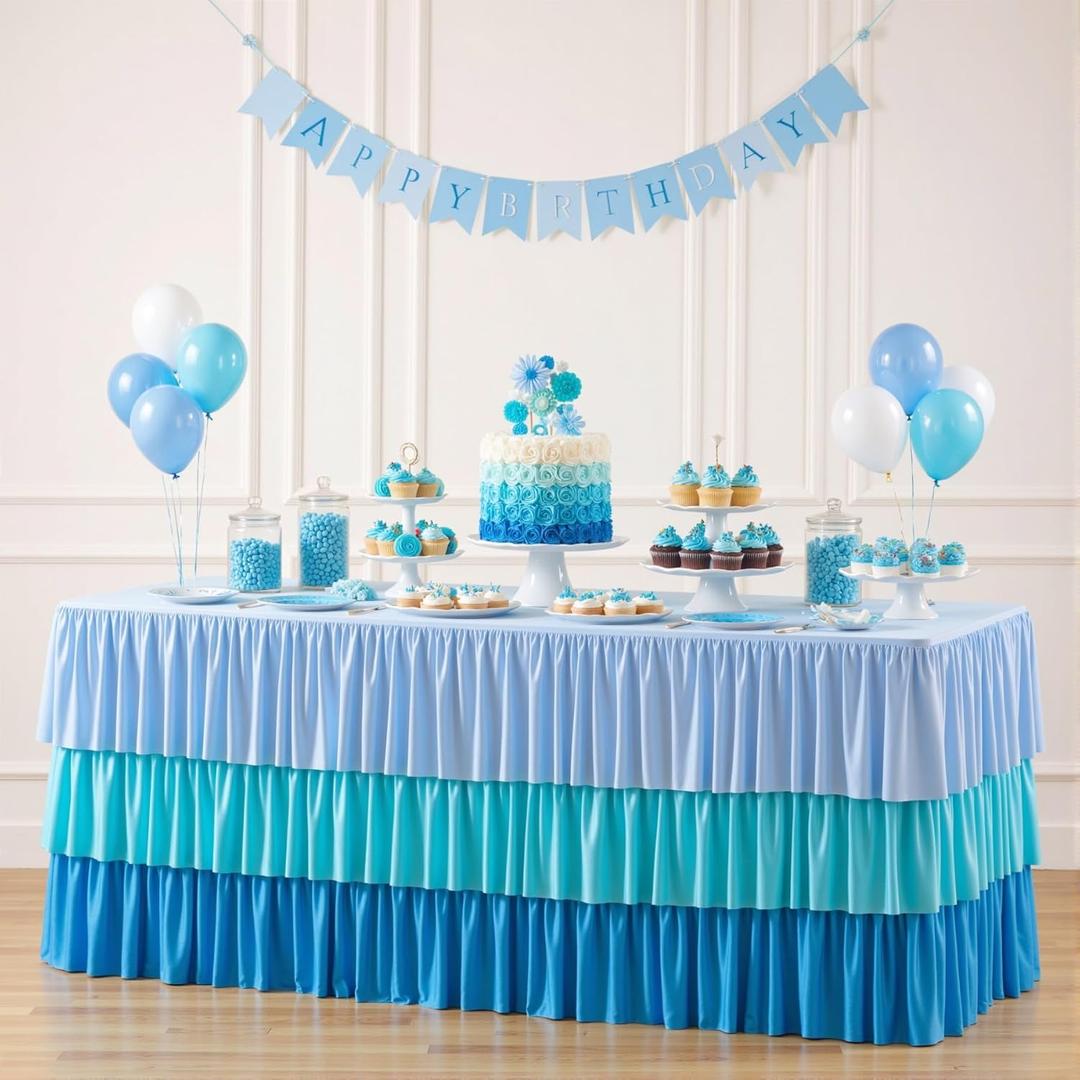 Blue Tablecloths for 6 foot Rectangle Tables Pastel Gradient Blue Table Cloths for Parties 6ft Ruffle Spandex Table Cover with Skirt for Baby Shower Boy Wedding Birthday Party Dessert Banquet Buffet (6ft - 72" X 30" (Rectangular)