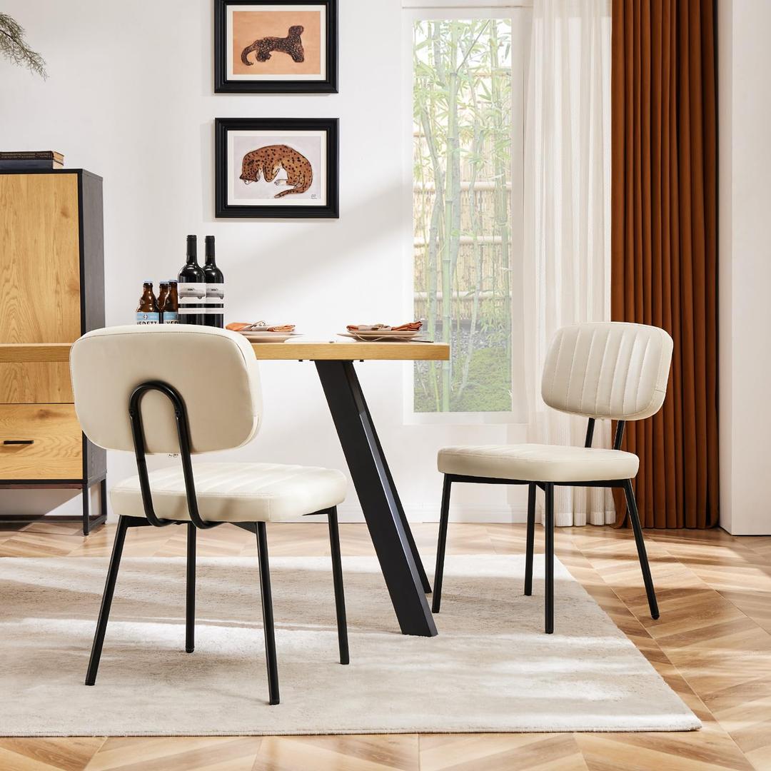 Sweetcrispy Dining Chairs Set of 2, Upholstered Mid Century Modern Kitchen Accent Chairs with Faux Leather Cushion Seat & Metal Legs for Home Office, Living Room - Beige White