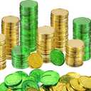 DINESIL 120pc St. Patrick's Day Gold & Green Shamrock Coins, Plastic Leprechaun Coins, Table Scatter Decoration for St. Patrick's Day Party Favors