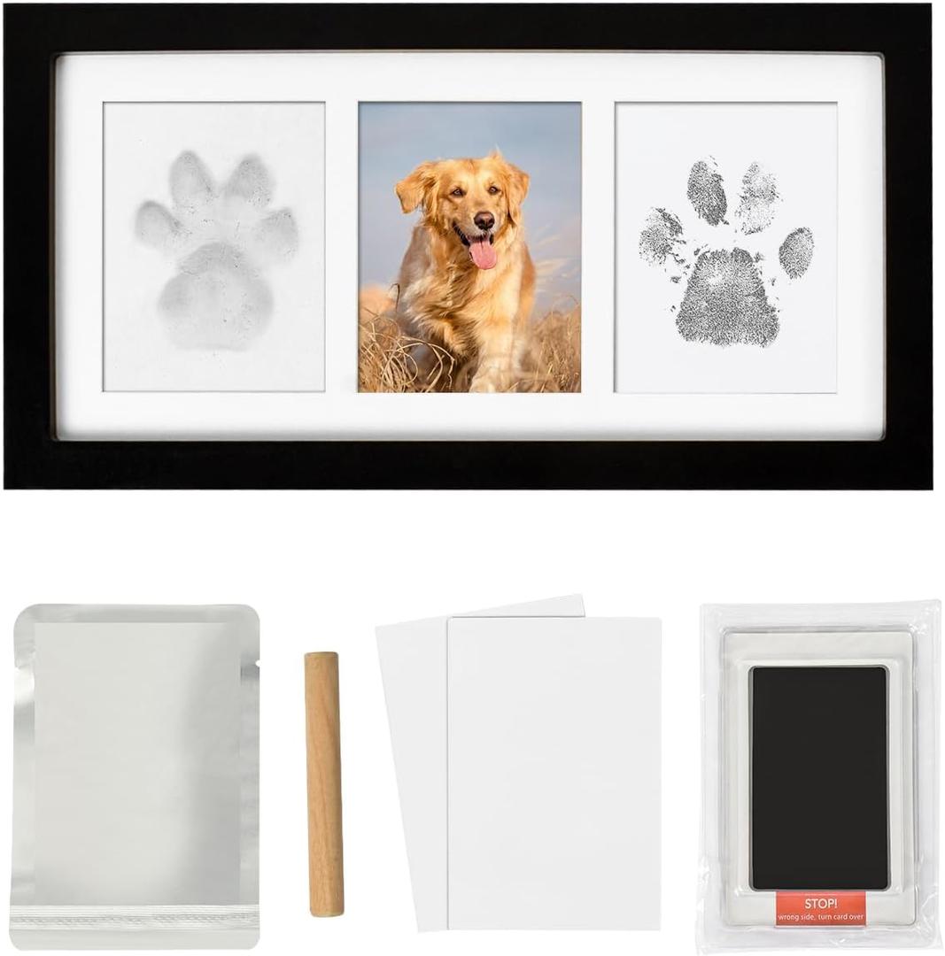 Dog Paw Print Photo Frame Kit with No Toxic Clay & No Mess Ink Pad, Wooden Pet Memorial Picture Frames, Dog Paw Print Kit Keepsake, Cat Paw Print Impression Kit, Memorial Gifts for Pet Lovers (Black)