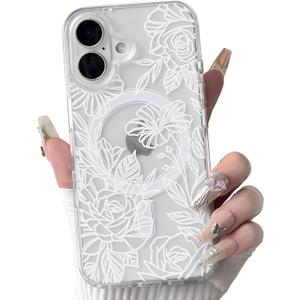 NITITOP Compatible for iPhone 17 Case Clear Magnetic Compatible with MagSafe Cute Line Rose Flowers for Women Girls Floral Hard PC Back Shockproof Protective Phone Cover - White