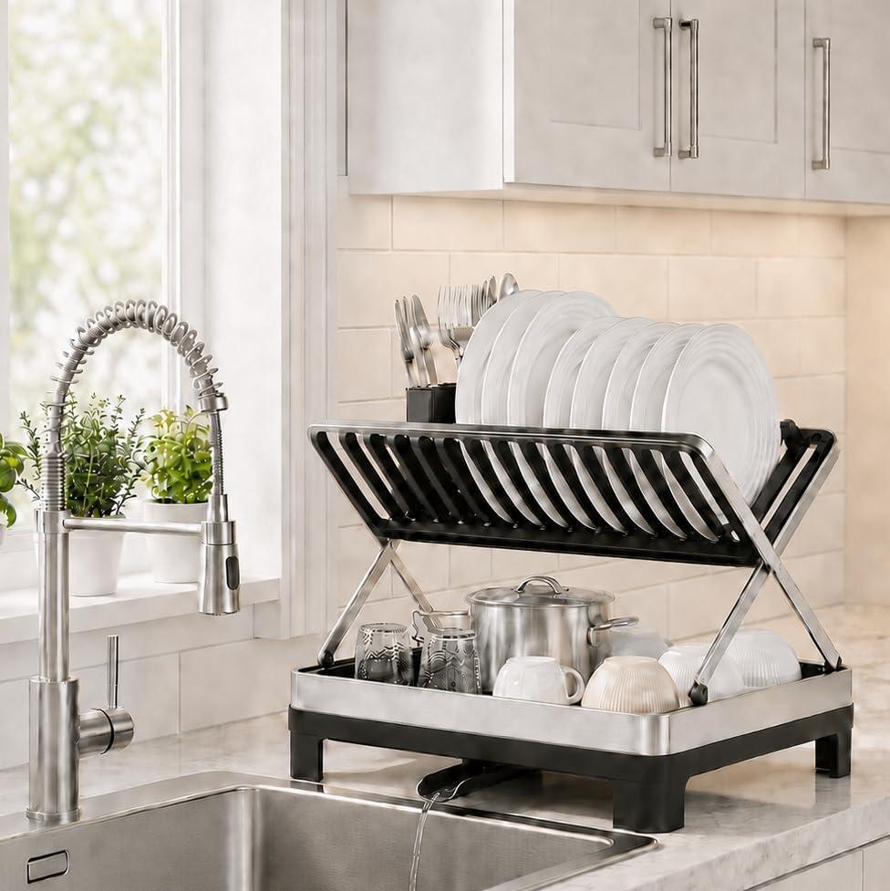 Urakify Large Stainless Dish Drying Rack for Kitchen Counter, Black | 14.5"W x 16.5"L, Large Collapsible Dish Drainer, Utensil and Wine Glass Holder