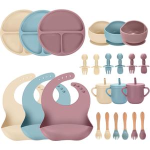 24 PCS Silicone Baby Feeding Set, Baby Led Weaning Supplies Includes Suction Bowls and Divided Plates, Adjustable Silicone Bib, Spoons&forks, Training cup with straw(Pink+Blue+Beige)