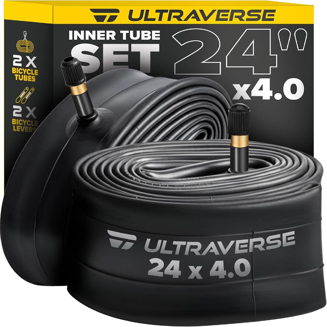 Ultraverse 24x4.0 Fat Bike Inner Tube Set, Schrader Valve, 2 Pack | Suitable for Mountain Bikes & E-Bikes, for 24-Inch Fat Tires, Durable & Reliable Performance, 2 Units with Tyre Levers