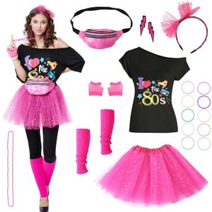 80s Outfits Costume Accessories for Women -T-Shirt, Fanny Pack, Tutu Skirt & More for Halloween, Birthday Parties (Small)