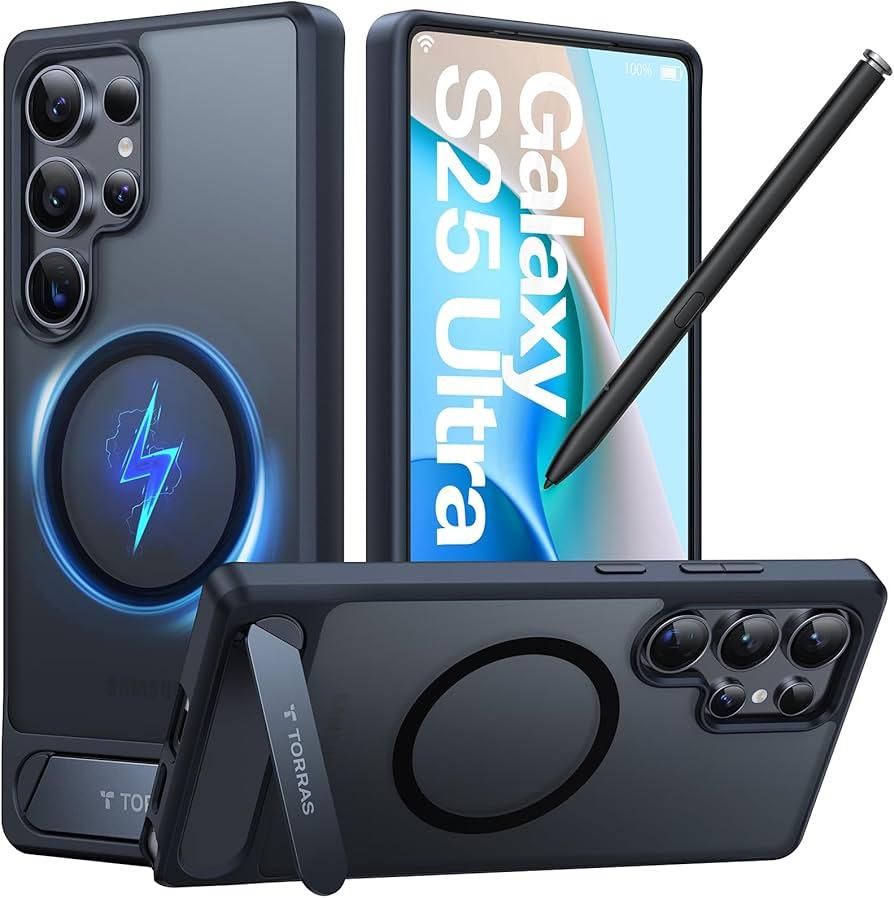 TORRAS Strong Magnetic & Seamless Stand for Samsung Galaxy S25 Ultra Case, Fit for MagSafe, MilGrade Drop Protection, Kickstand for Samsung Galaxy S25 Ultra Case, Translucent Back/Black Edge