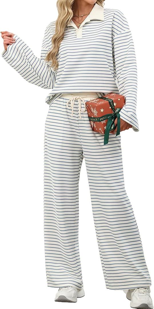Sweetmoon Two Piece Sets for Women Fall Outfits Lounge Wear Oversized Sweatshirt Lounge Pants Matching Set Travel Outfit (X-Large, Blue Striped)