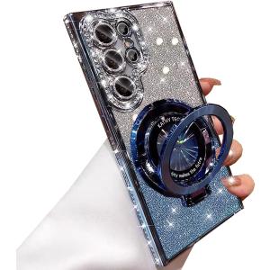 Changjia for Samsung Galaxy S26 Ultra Magnetic Kickstand Glitter Case, [Compatible with Magsafe] Cute Bling Sparkly Diamond Rhinestones with Camera Protector Women Girls Case for Galaxy S26 Ultra,Blue