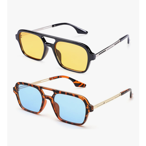 COASION Vintage 70s Flat Aviator Small Frame Sunglasses for Women Men Square Metal Design UV400 Protection Shades 2 Pack