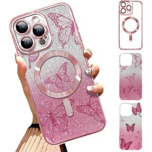 Case Fit for iPhone 13 Pro Max [Compatible with MagSafe] Glitter Bling Case with Camera Protector [2 Pieces of Butterfly Design Insert] Soft TPU Shockproof Anti-Scratch Cover for Women - Pink