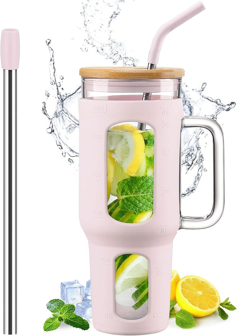 WINSA Glass Tumbler with Lid and Straw, 46 oz Iced Coffee Cup with Handle, Large Water Bottles with Silicone Sleeve, Glass Cup with Straws - Pearl Straw & Drinking Straw BPA Free-CottonPink