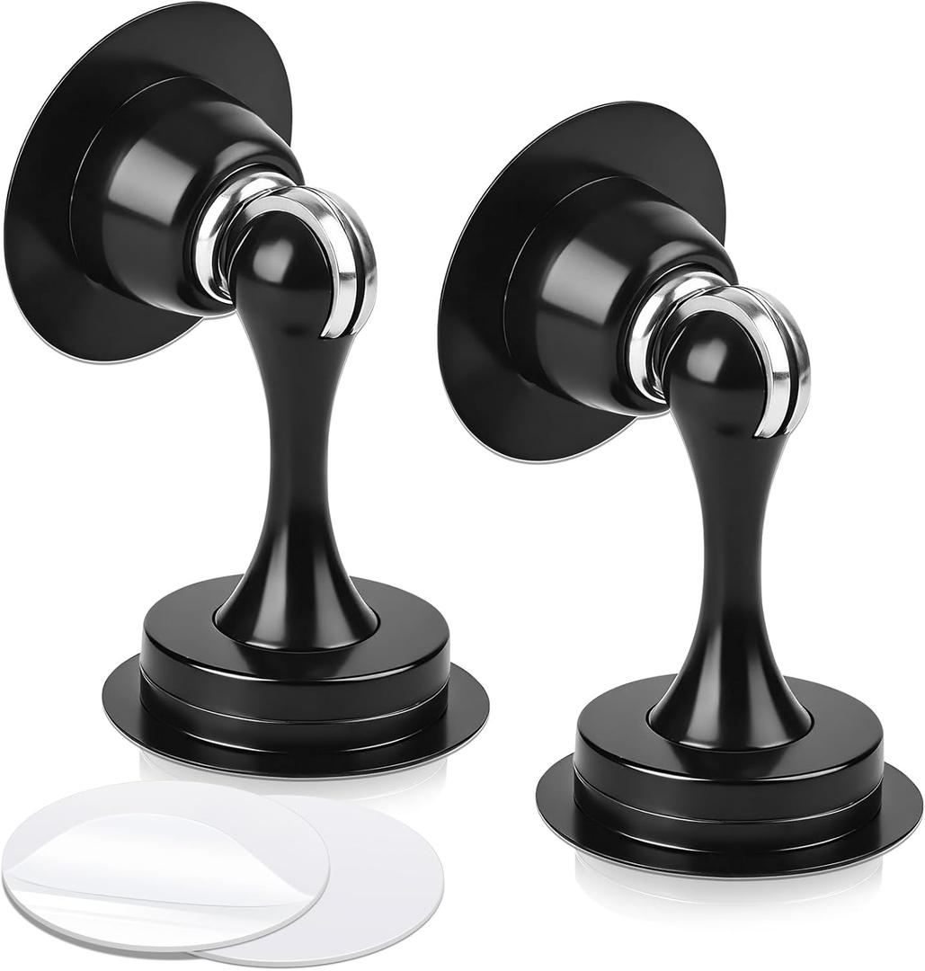 KOLAKO Door Stopper, Magnetic Door Stops, No Drill, 2 Pack Black Magnetic Door Catch Holder to Keep Door Open, Stainless Steel Wall Floor Mounted Doorstop with Adhesive Tape and Screws