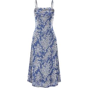BTFBM Women's Summer Dress Sleeveless Spaghetti Strap Midi Dress Sexy Cowl Neck Floral Cocktail Dress Party Dresses (Blue, Small)