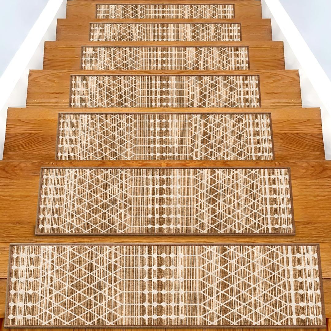 Non-Slip Carpet Stair Treads 15PCS, 8"x30" Peel and Stick Stair Runner for Wooden Steps Indoor, Washable Reusable Adhesive Backing, Pet-Friendly Safety Mats for Kids, Elders, Dogs (Dark Brown l Beige)