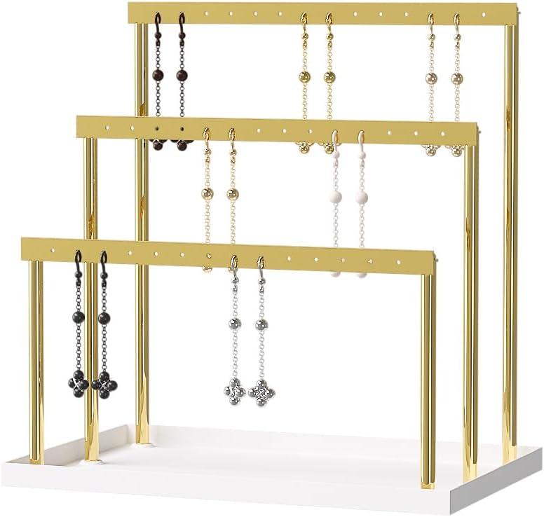 3-Tier Earring Organizer Holder Stand, Metal Jewelry Stand with Tray for Earring Display, 42 Holes Metal Earring Storage Tower Rack for Women Girls Home Use (Gold)