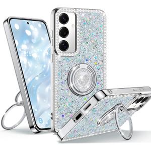 for Samsung Galaxy S25 Plus Case with Stand, Phone Case with Double Ring Kickstand, Women Girls Bling Glitter Cute Luxury Protective Case for Galaxy S25 Plus, Silver