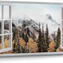 Foggy Forest Wall Art Canvas: Window View Pine Tree Nature Landscape Picture Print Decor Horizontal Misty Mountain Painting Large Woodland Scenic Artwork for Bedroom Living Room Home Office (40"L x 20"W)