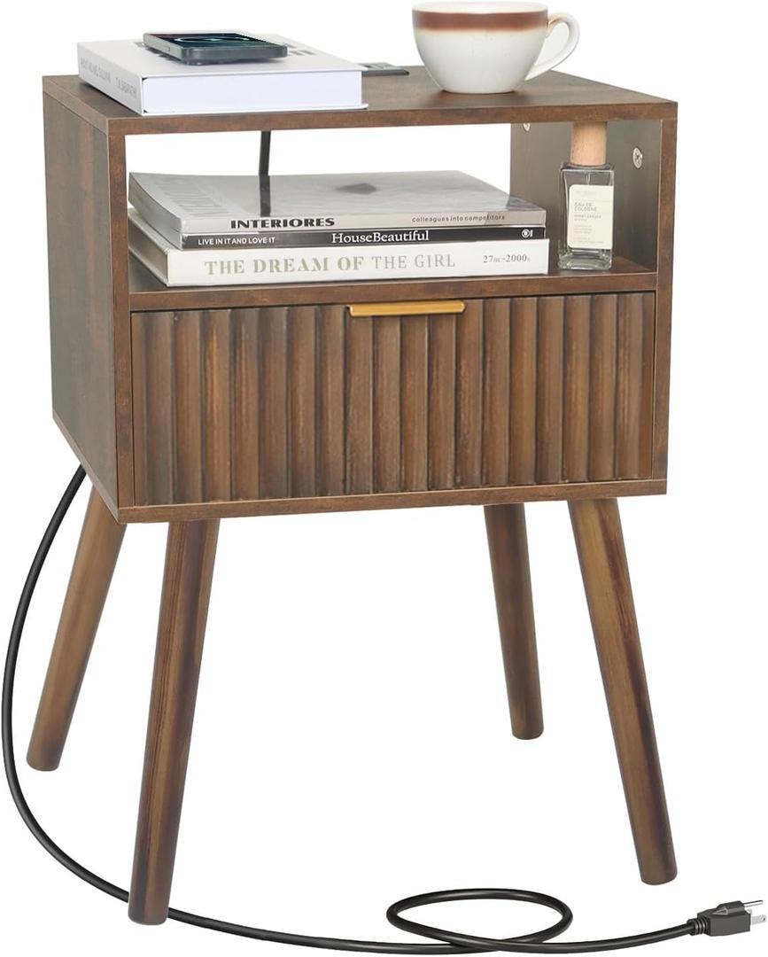 Fultyle Mid Cetury Modern Nightstand with Charging Station, Fluted Bedside Table with Storage, Modern Side End Table with Solid Wood Legs for Bedroom, Dorm and Small Space (Rustic Brown)