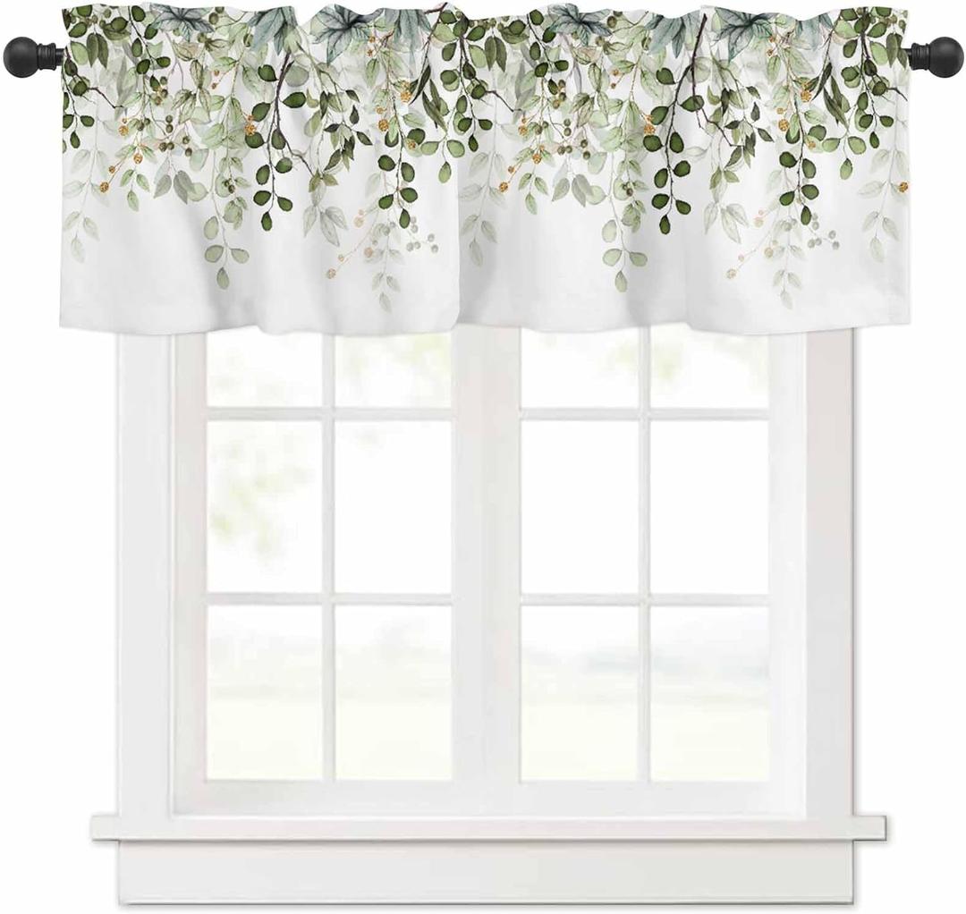 Sage Green Eucalyptus Leaves Valance for Windows Berry Branch Plant Curtains Valances Spring Short Curtains Rod Pocket Window Treatment for Kitchen Living Room Bedroom Bathroom Decor 1 Panel 42x12