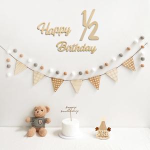 Happy 1/2 Birthday Banner Pre-Strung Pennant Felt Fabric Banner Flags and Pom Pom Garland, Party Hat for Half Birthday Decorations, Reusable Half Way to One Bunting Sign for Girl Boy 6 Months Party