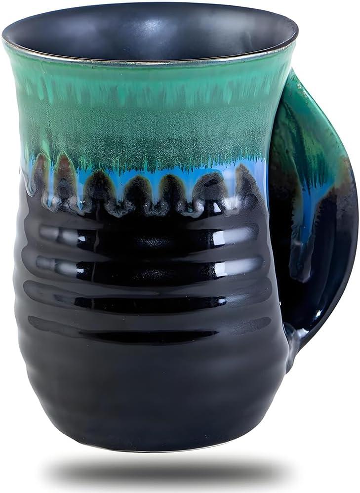 Hand Warmer Mug for Christmas - 16 Ounce Large Handwarmer Mugs Ceramic Handmade Pottery Gift for Holiday with Pocket Handle, Keep Your Fingers Warmth (Right Handed,Forest Green/Black)