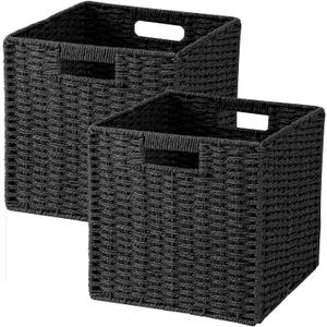 Woven Wicker Storage Baskets 2Pack, 11x11 Handwoven Paper Rope Organizer Bins, Foldable Cube Storage Cubes with Builtin Handles for Shelves and Closet Organization(Classic Black)