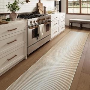 LEEVAN Washable 2 x 12 Runner Rug Modern Abstract Hallway Runner Rug 12ft Tan Distressed Kitchen Rugs Long Floor Carpet for Entryway, Bathroom, Laundry, Bedroom