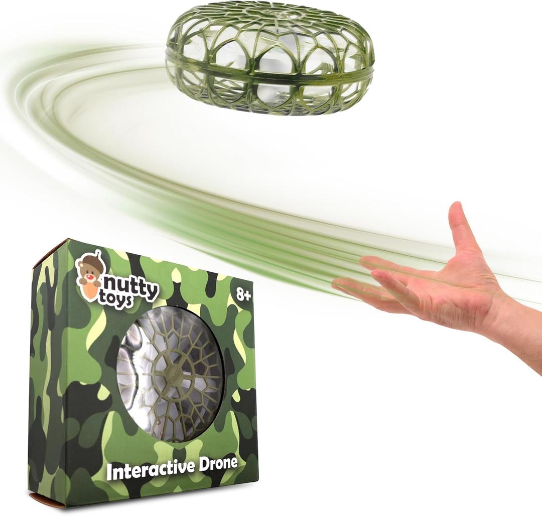 NUTTY TOYS Interactive Drone - Hand Operated Light Up Boomerang for Kids & Adults | Easy Shake to Start Flying UFO| Top Stocking Stuffer Christmas Gift Idea 2025 for Boys & Teens 8 9 10 11 12 13 14 15 (Army Green)