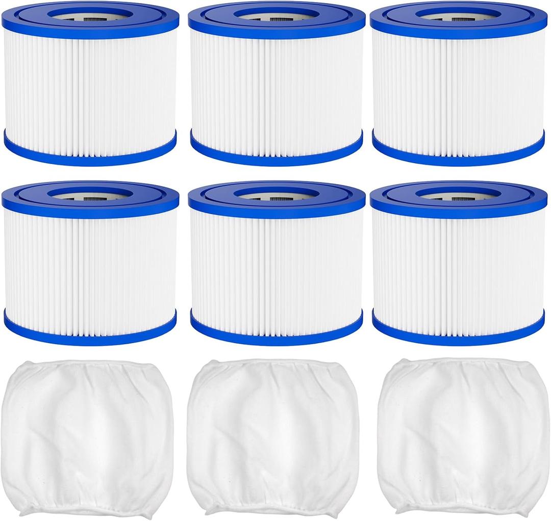 Hot Tub Spa Filter Cartridge Type VI Replacement-with Life-Extend Pre-Filter For Bestway, Coleman Saluspa 90352E 58323E, Intex & More Inflatable Hot Tub Filters (6 filters, 3 Pre-filter Sleeve)