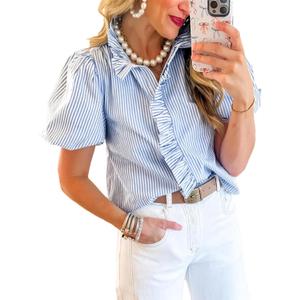 ETCYY Puff Sleeve Tops for Women Summer Striped Ruffle Tops Trendy Button Down Plaid Shirts Puffy Ruffle Collar Blouse,Striped Blue,Medium
