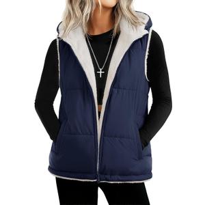YUCOLEN Womens Puffer Vest Reversible Hooded Fleece Coat Quilted Zip Up Sleeveless Jacket Winter Outerwear with Pockets