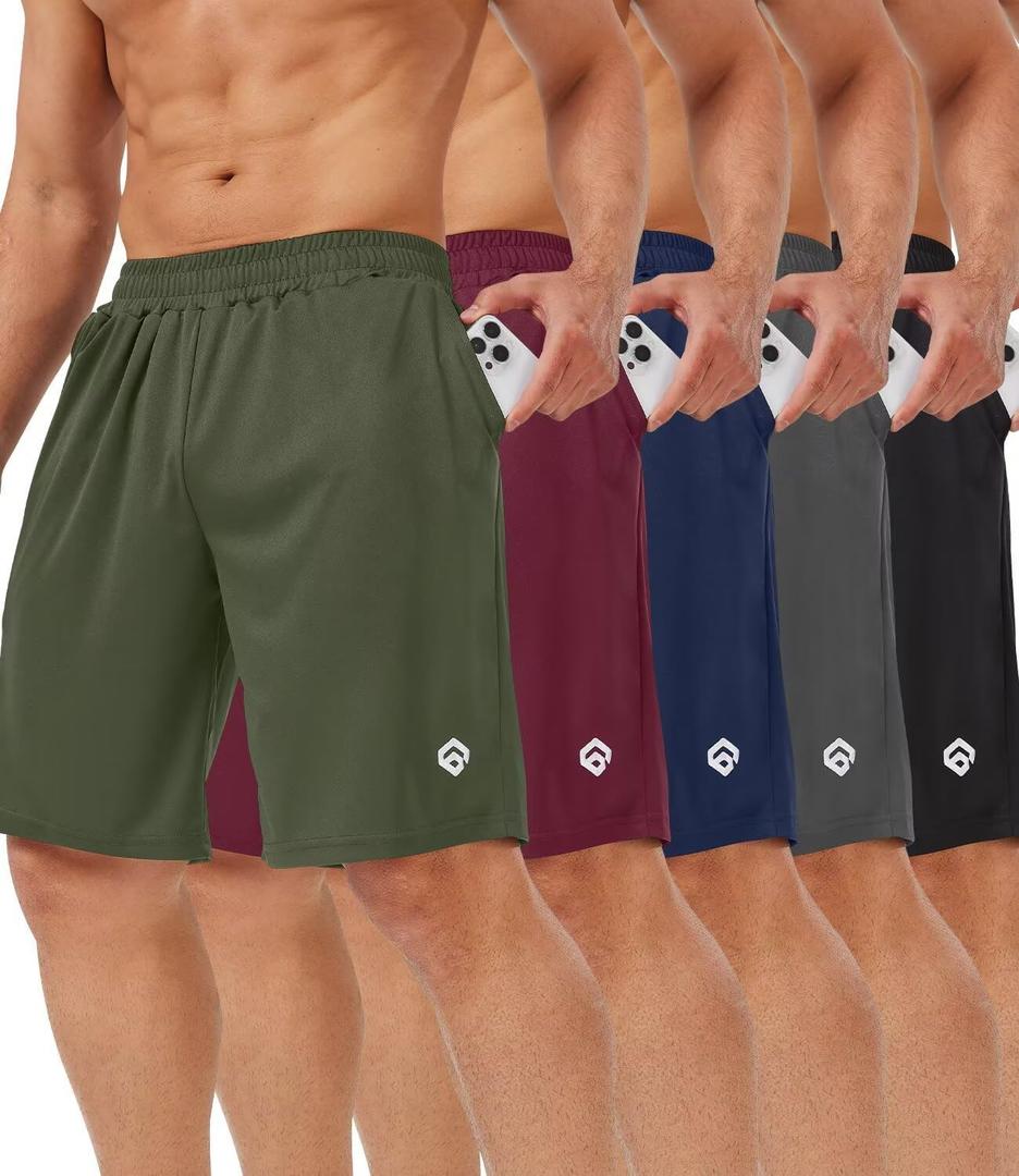 Pack of 5 Mens Shorts Casual with Pockets, Mens Athletic Shorts 9''Quick Dry Basketball Shorts Men for Gym Running (Large, Black, Dark Gray, Army Green, Red, Navy)