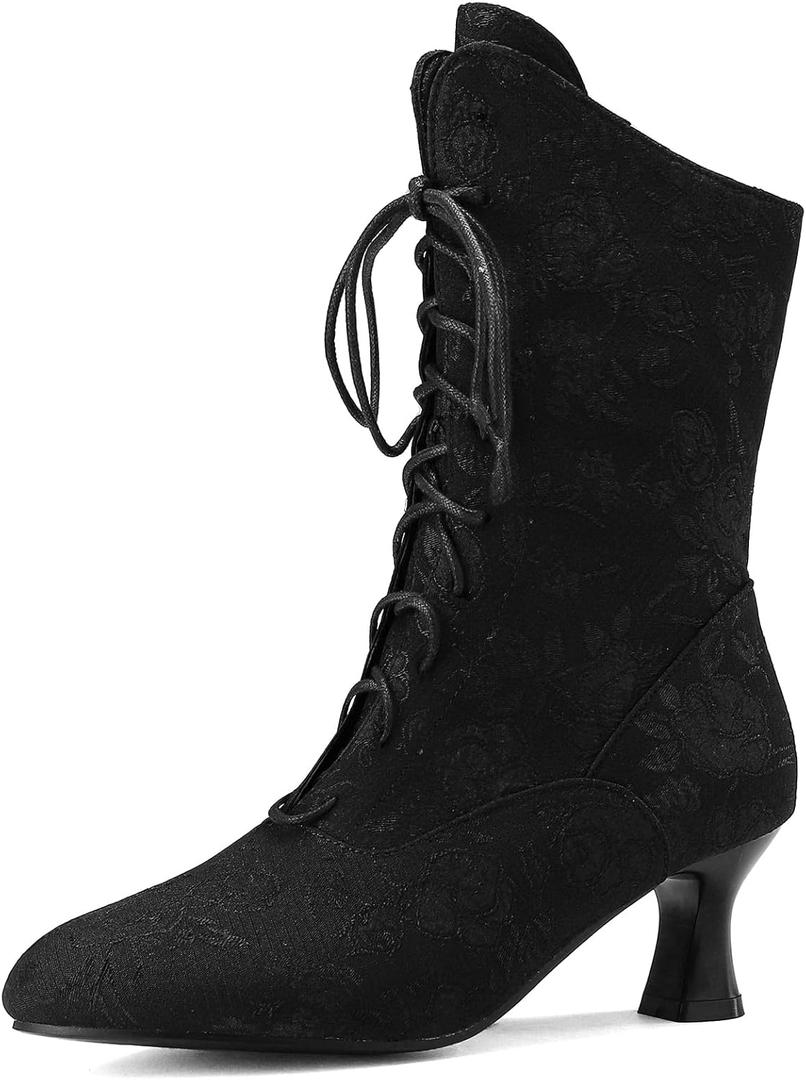Victorian Boots for Women Vintage Granny Boots Renaissance Mid Calf Boots Costume Lace Up Low Heel Goth Boots with Zipper (11, 41 Black)