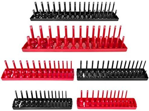 AIUITIO 6PCS Socket Organizer Tray Set, Red SAE & Black Metric Socket Storage Trays, 1/4-Inch, 3/8-Inch & 1/2-Inch Drive Deep and Shallow Socket Holders for Toolboxes Black Red