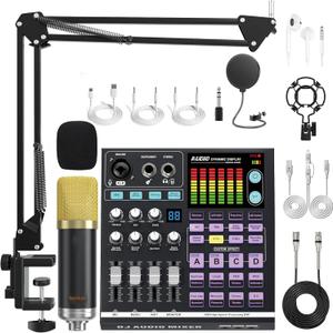 Podcast Equipment Bundle: SN800 Audio Mixer with XLR Mic, Auto Ducking, 16-Level DeNoise, 4000mAh Battery, for Streaming, Singing, Recording, Compatible with Phone/PC/Bluetooth/Instruments (black)