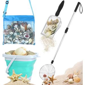 fethwoin Shark Tooth Sifter, Beach Sand Sifter, Sea Shell Scooper for Beach, Shell Bags&Foldable Bucket, Sand Beach Toys for Kids 6 8 10 12, Medium, Blue, Medium, Small